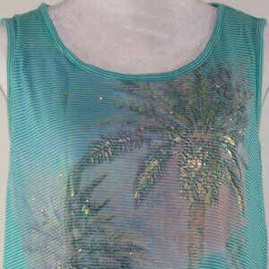 Cato Women's Green & White Striped Tank Top with Palm Trees Size L (C1641)